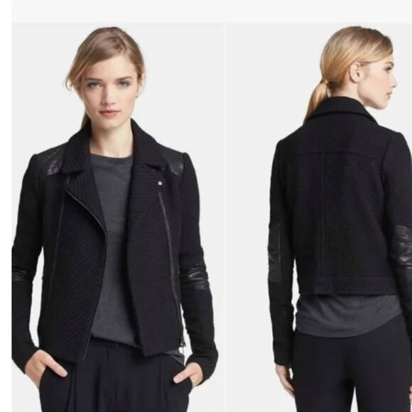 Vince For Bergorf Goodman Black Leather Trim Wool Tweed Moto Jacket Size XS - Picture 2 of 13
